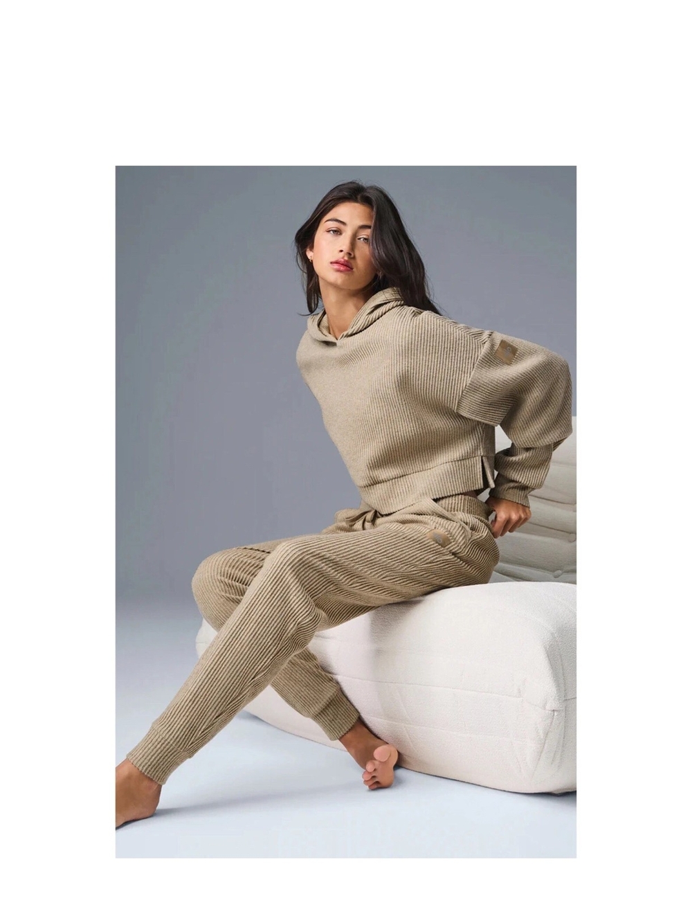 ALO YOGA Muse Ribbed Knit Hoodie & Joggers Lounge Set - Gravel Heather